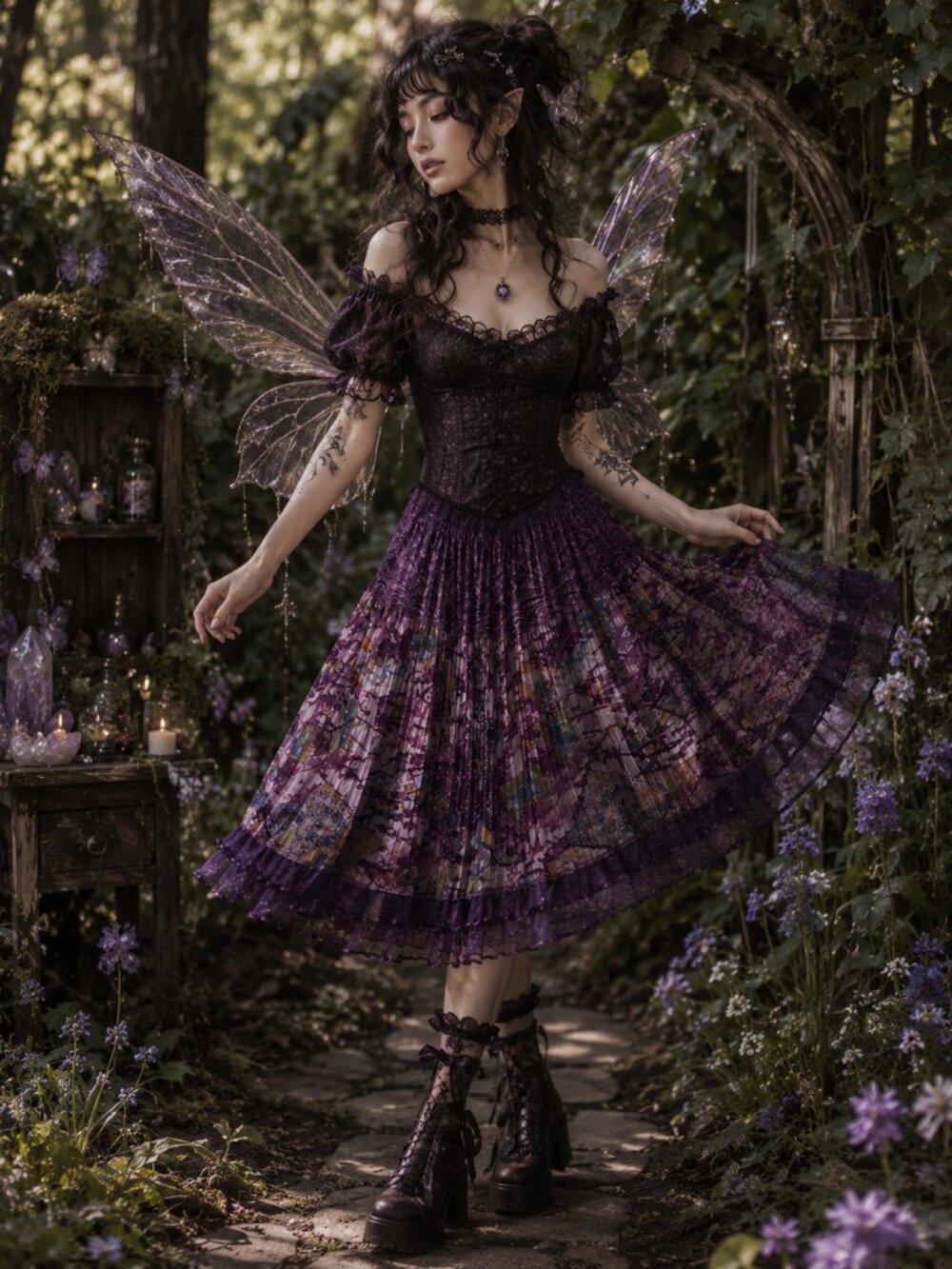 Whimsigoth Purple Pleated Midi Skirt Sheer Layered Boho Fairy Goth Women's Large
